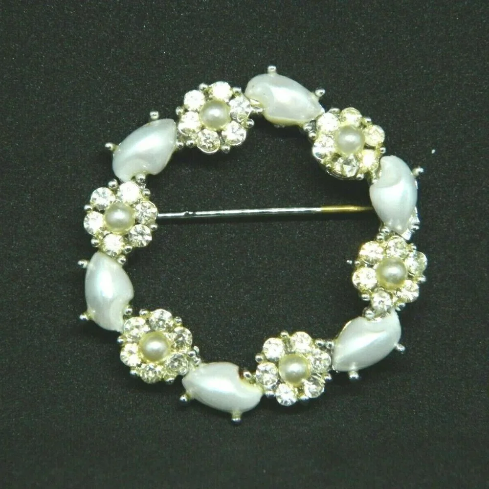 Clear Rhinestone Faux Baroque Pearl Silver Tone